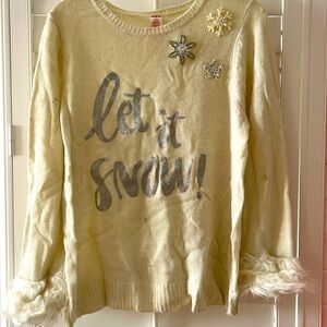 Holiday Time White & Silver Studded & Beadwork Fur Cuffed Pullover Sweater